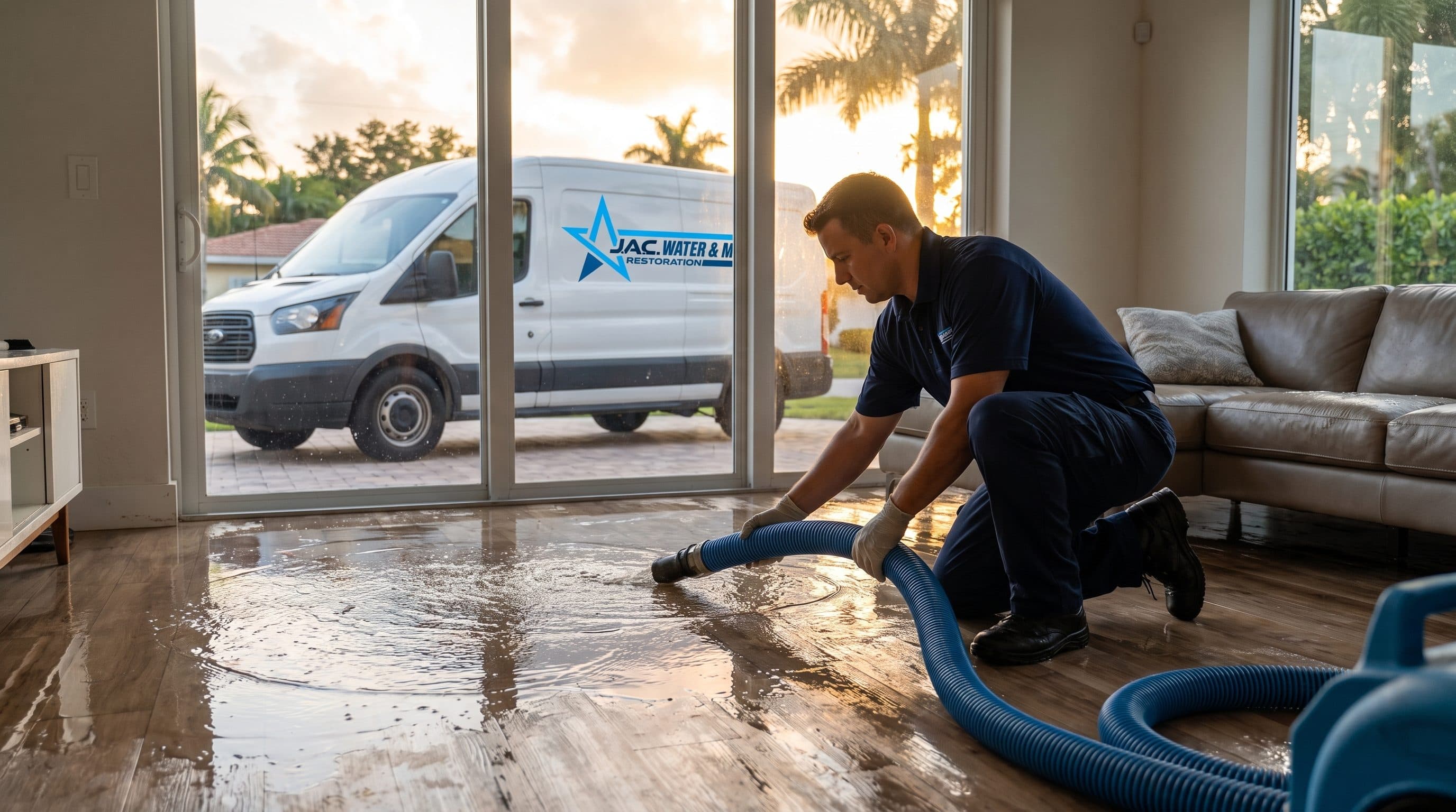 J.A.C. Water & Mold Restoration technician responding to a home emergency, branded company van visible outside